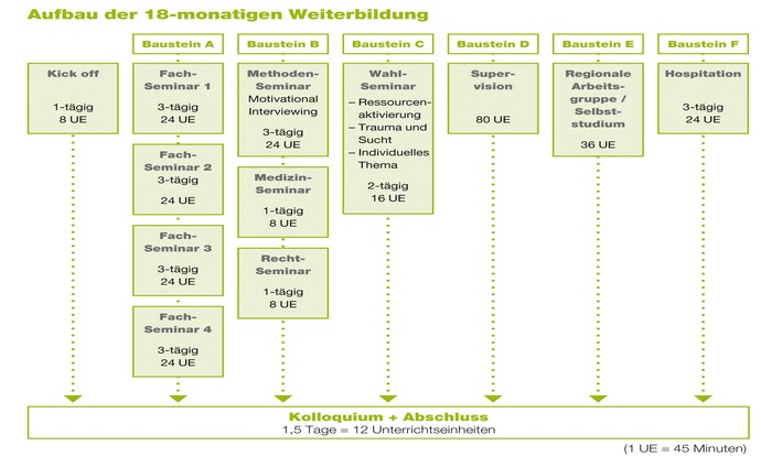 Grafische Darstellung des 18-monatigen Aufbaukurses zum/r Suchtberater/in.