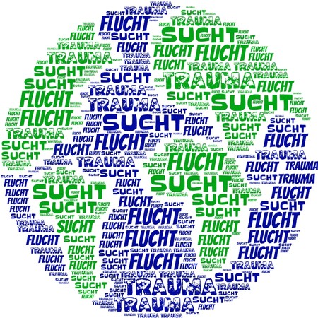 Grafik einer Erdkugel, die aus den Worten FLUCHT, TRAUME und SUCHT gebildet wird.