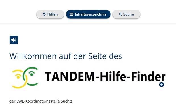 Die Startseite der Datenbank "TANDEM Hilfe-Finder"