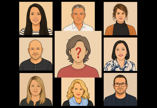 Acht Dozenten im Comicstil und mittig ist eine Person mit Fragezeichen im Gesicht