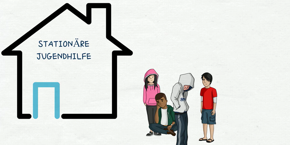 Gruppe Jugendlicher vor Haus mit Schriftzug "Stationäre Jugendhilfe"